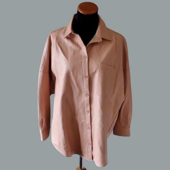 French Connection S Normcore Oversized Contemporary Faux Leather Shirt Jacket - Picture 1 of 12